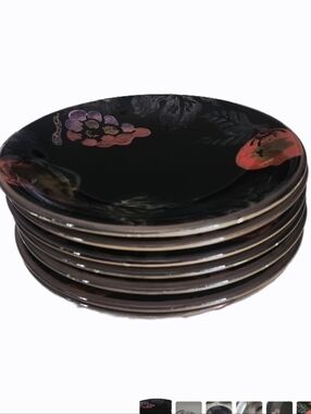 7 vintage black porcelain salad plates from Ceramica VARM Venetian Coll,  Italy